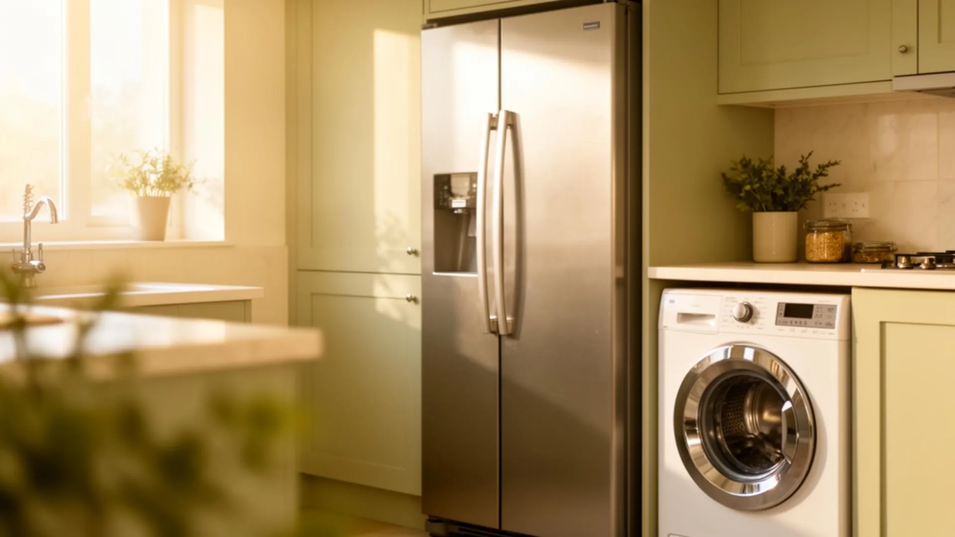 Modern kitchen with refrigerator and washing machine