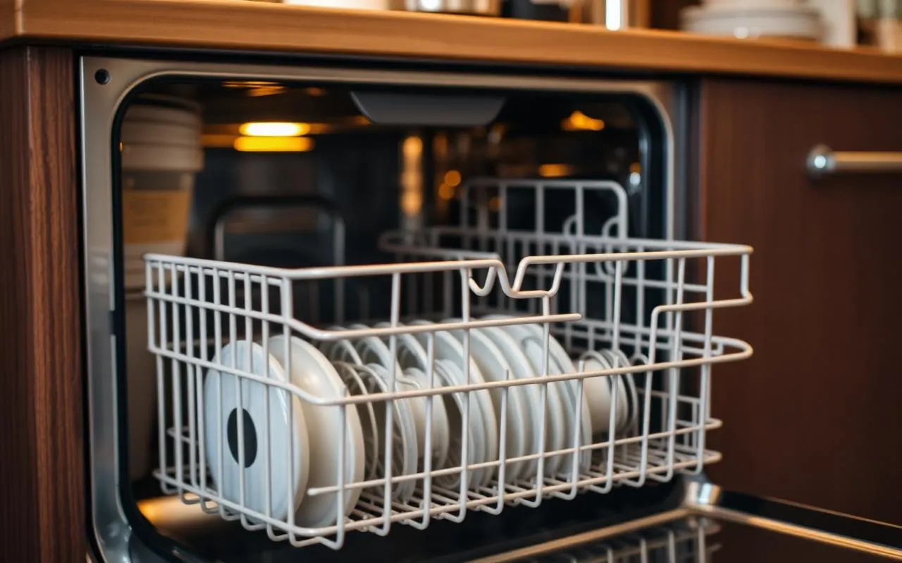 Modern dishwasher with the door partially open showing the racks