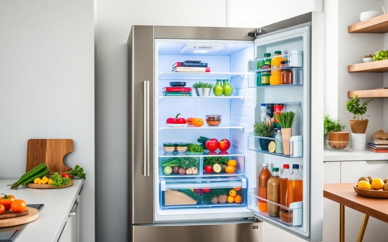 Open refrigerator full of food in a bright modern kitchen