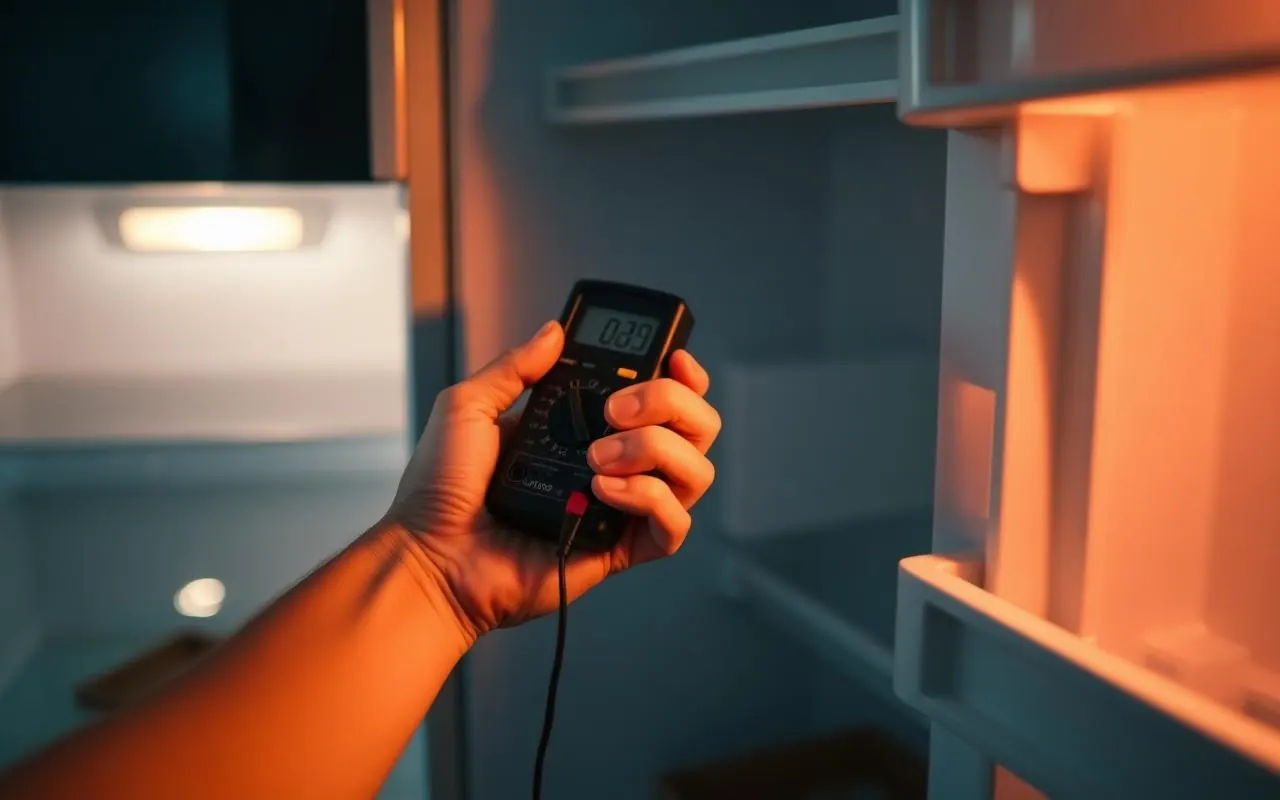 Hands holding a multimeter next to an open refrigerator panel