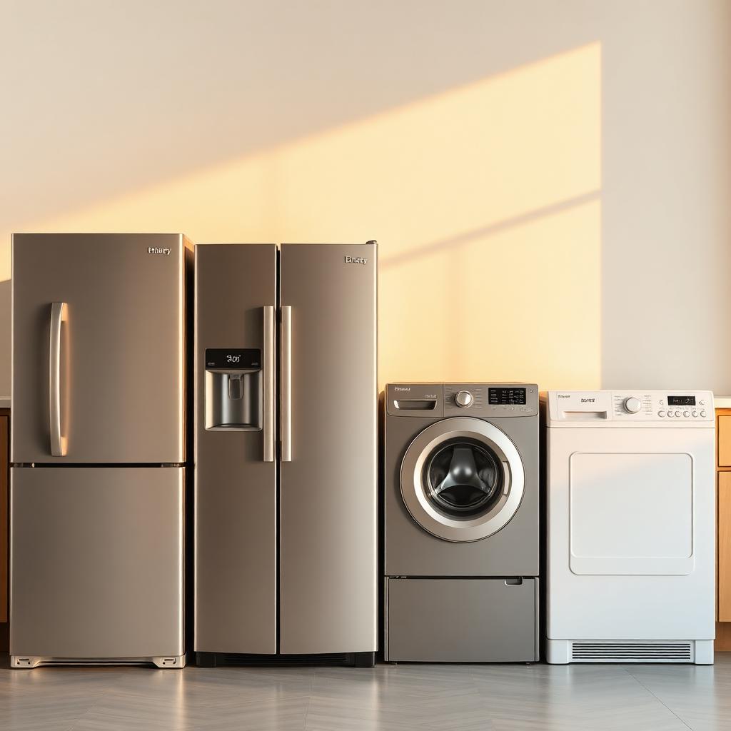 Row of modern kitchen and laundry appliances from various brands