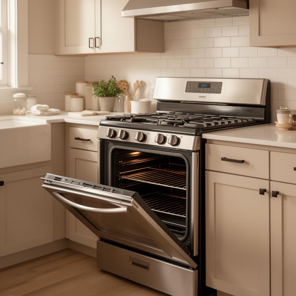 Stainless steel range with oven door open in a modern kitchen