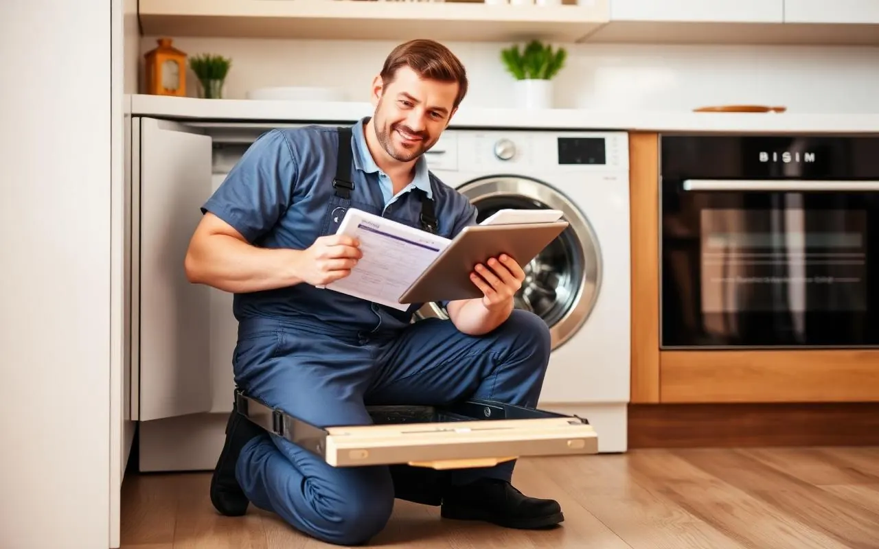 Technician evaluating an appliance for repair or replacement