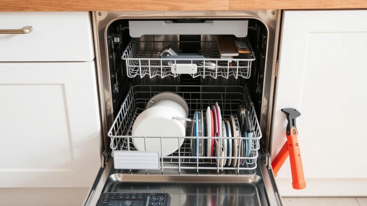 Open dishwasher with tools nearby, illustrating a repair vs replace decision