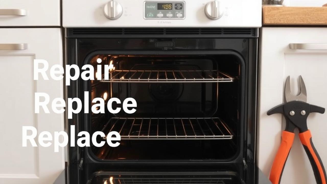 Kitchen oven with the door open and tools nearby, illustrating repair vs replace