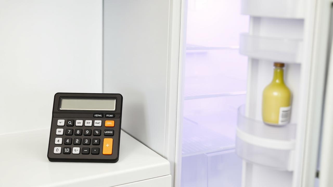 Open refrigerator next to a calculator weighing repair vs replacement costs