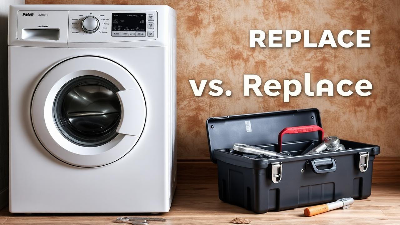 Front-load washing machine with a toolbox, illustrating repair vs replace