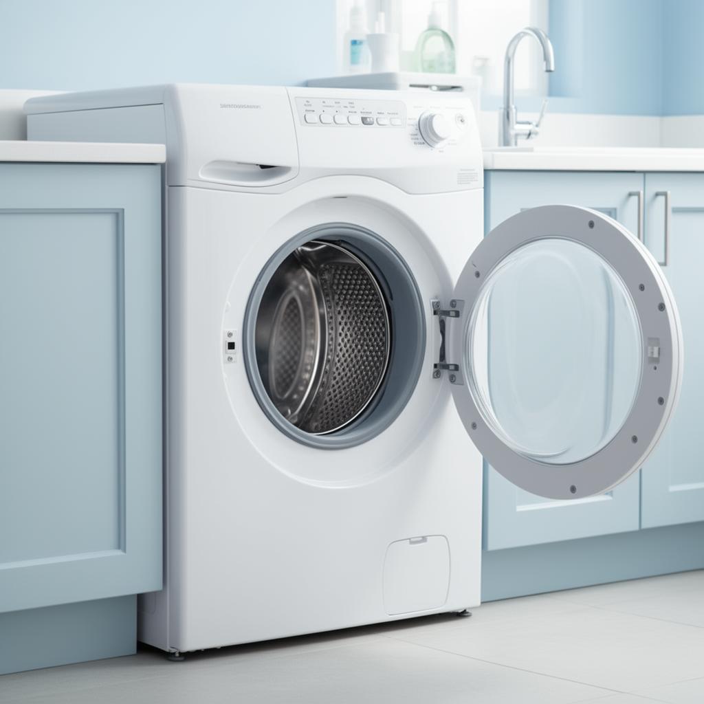 Open front-load washing machine in a bright laundry room